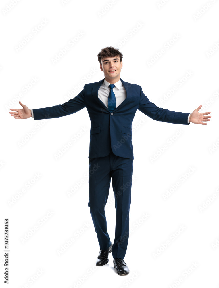 happy young man in navy blue suit opening arms and welcoming happy young man in navy blue suit opening arms and welcoming