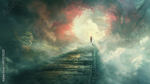 A Solitary Figure Walks Along a Mystical Pathway Surrounded by Ethereal Clouds and Vibrant Colors, Creating a Dreamlike Atmosphere at Twilight