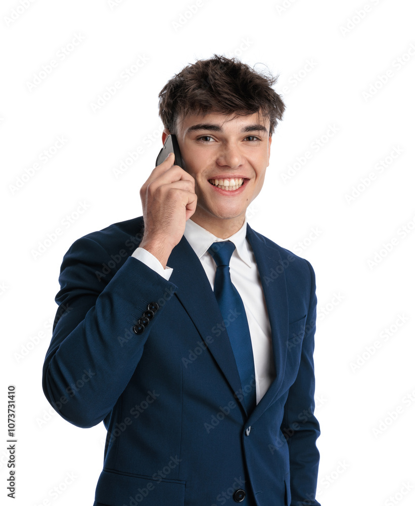 proud businessman having a phone conversation and smiling proud businessman having a phone conversation and smiling