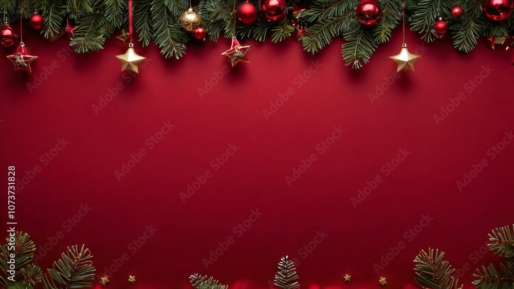 Christmas background with red and gold decorations, stars, and pine branches on a red backdrop. Christmas background with red and gold decorations, stars, and pine branches on a red backdrop.