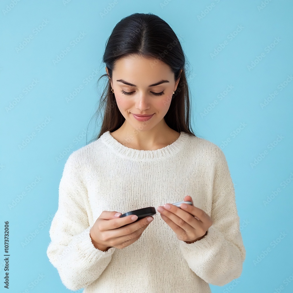 Young Woman Monitoring Glucose Levels Using Mobile Health Device on Blue Background Young Woman Monitoring Glucose Levels Using Mobile Health Device on Blue Background