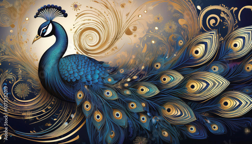 An artistic depiction of a peacock blue with golden accents, tail feathers spread out in a fan shape, with a background of swirling gold patterns photo