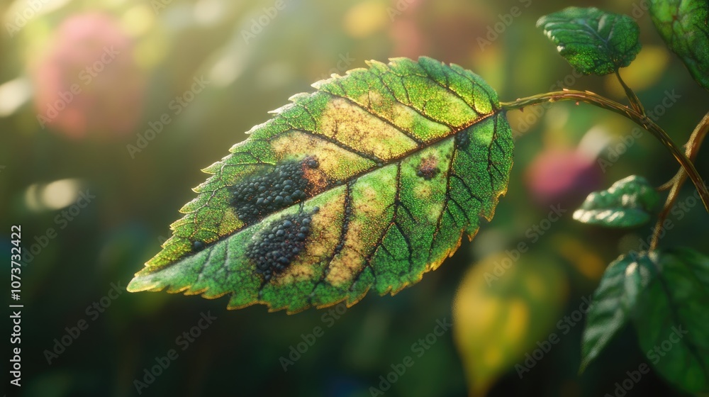 Naklejka premium Rose leaf affected by black spot disease illustrating the impact of fungal infection on plant health