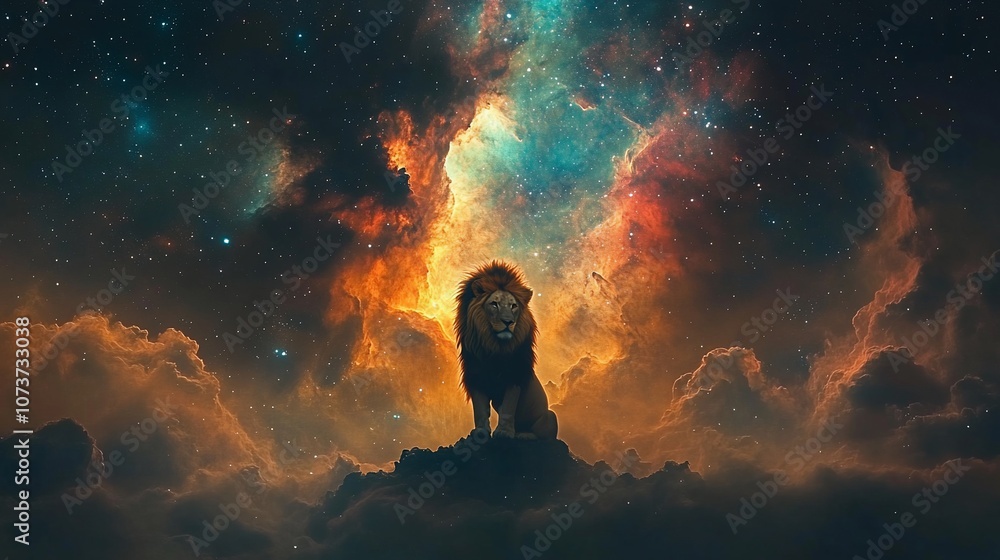 A majestic lion stands tall against a backdrop of vibrant nebulae and twinkling stars. A majestic lion stands tall against a backdrop of vibrant nebulae and twinkling stars.