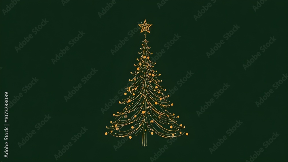 Closeup line drawing of Christmas tree with star and decorations isolated on green background. Fir tree line drawing. Hand drawn Christmas tree. Linear style. Christmas greeting card Closeup line drawing of Christmas tree with star and decorations isolated on green background. Fir tree line drawing. Hand drawn Christmas tree. Linear style. Christmas greeting card
