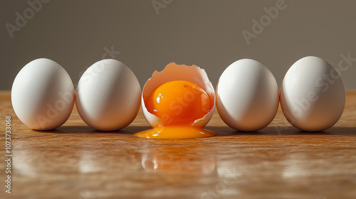 Fresh eggs isolated. White eggs in tray. Farm eggs with copy space. One cracked egg with yolk photo