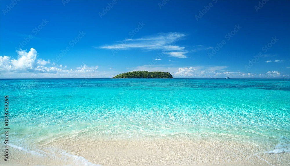 A tranquil beach scene with crystal clear turquoise waters, white sand, and a lush green island in the distance. A tranquil beach scene with crystal clear turquoise waters, white sand, and a lush green island in the distance.