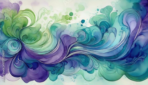 Abstract art featuring swirling blue, green, and purple hues. The design resembles flowing water or smoke.