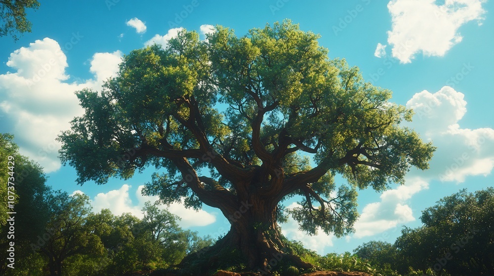 A majestic, ancient tree with sprawling branches against a clear blue sky with puffy clouds. A majestic, ancient tree with sprawling branches against a clear blue sky with puffy clouds.