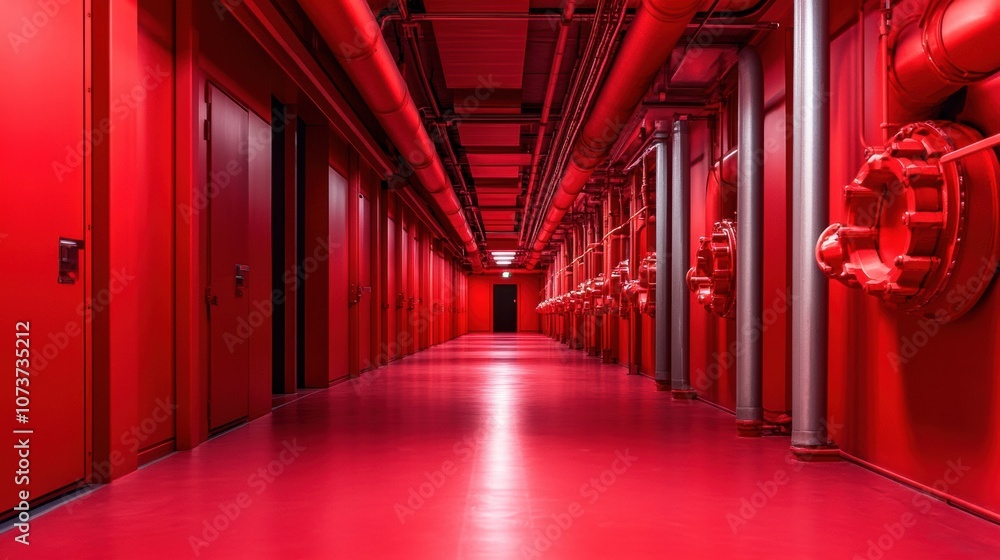 Vibrant red industrial corridor with pipes and doors creates a futuristic atmosphere, AI Vibrant red industrial corridor with pipes and doors creates a futuristic atmosphere, AI