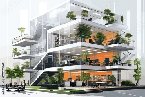 3D rendering of a Sustainable building architecture model with blueprints, energy efficiency chart and other documents