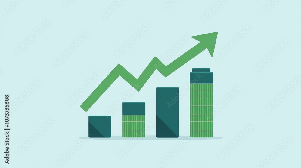 Green bar graph with upward trend arrow on light blue background, symbolizing growth and success. Green bar graph with upward trend arrow on light blue background, symbolizing growth and success.