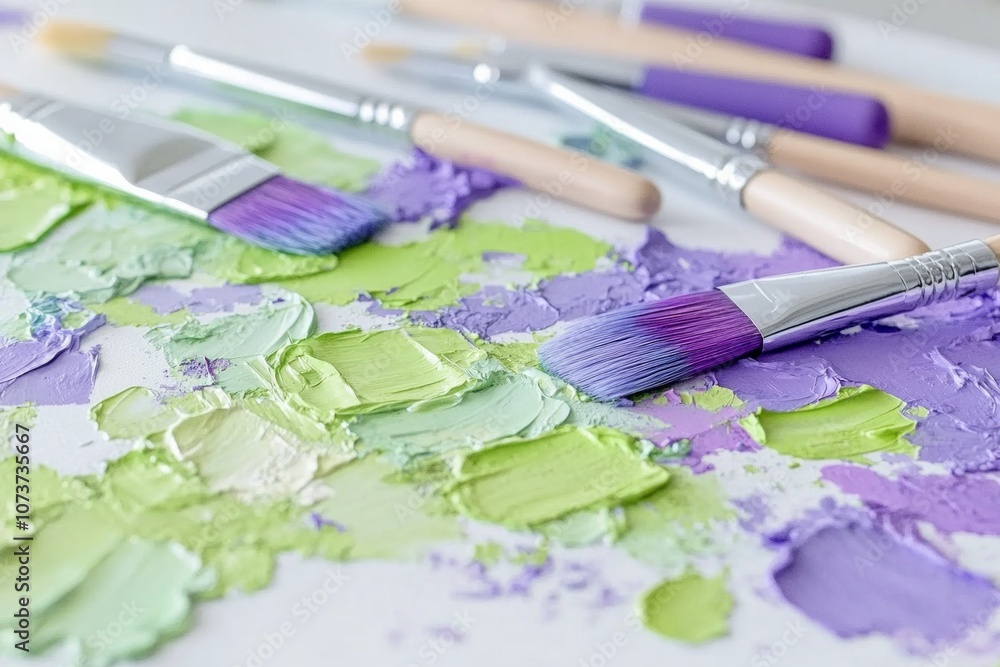 Obraz premium Creative workspace with vibrant lime green, purple, and violet art supplies ready for an artistic project