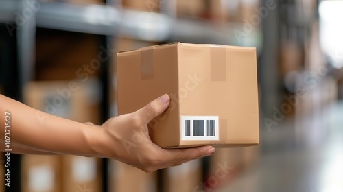 A person holds a cardboard box with a barcode label in a warehouse, surrounded by shelves of packages, illustrating shipping and logistics.