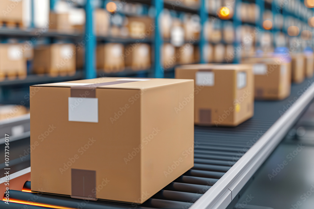 A conveyor belt carries stacked cardboard boxes in a warehouse, highlighting an efficient packaging and distribution process. A conveyor belt carries stacked cardboard boxes in a warehouse, highlighting an efficient packaging and distribution process.