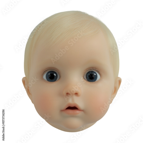 Surprised baby with wide eyes and blonde hair isolated on a white background. PNG transparent.