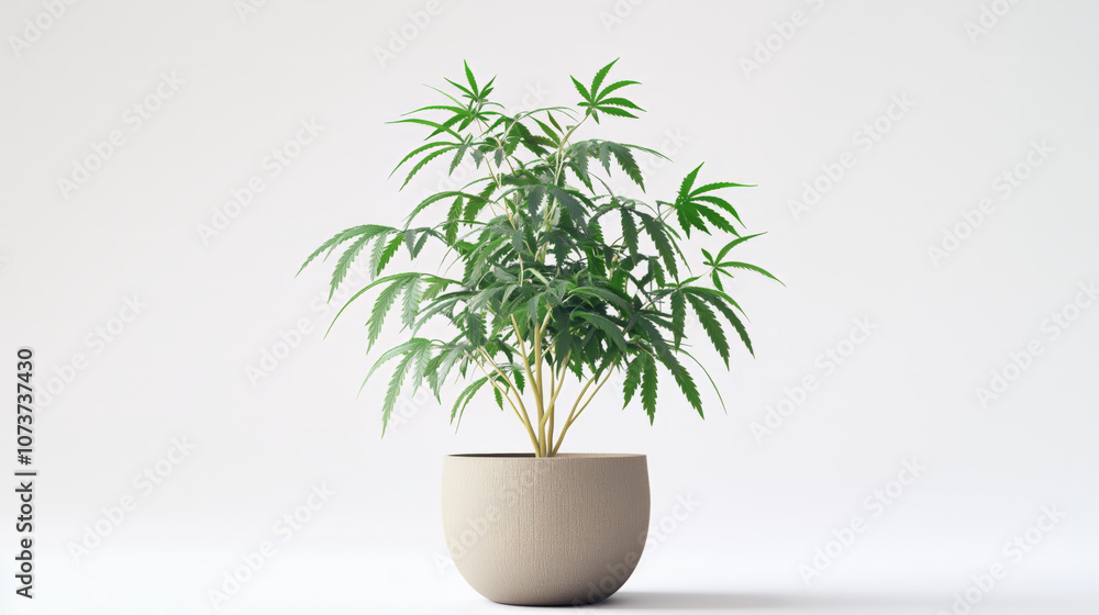 Cannabis plant in a beige pot with sparse green leaves. Cannabis plant in a beige pot with sparse green leaves.