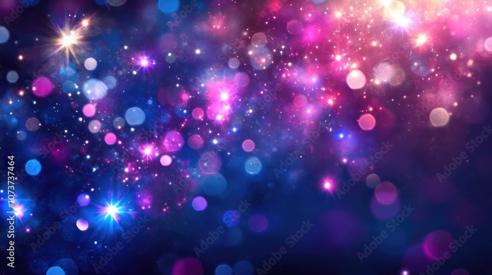 Abstract background featuring vibrant bokeh lights and starry patterns in shades of purple and blue with varying thickness Abstract background featuring vibrant bokeh lights and starry patterns in shades of purple and blue with varying thickness