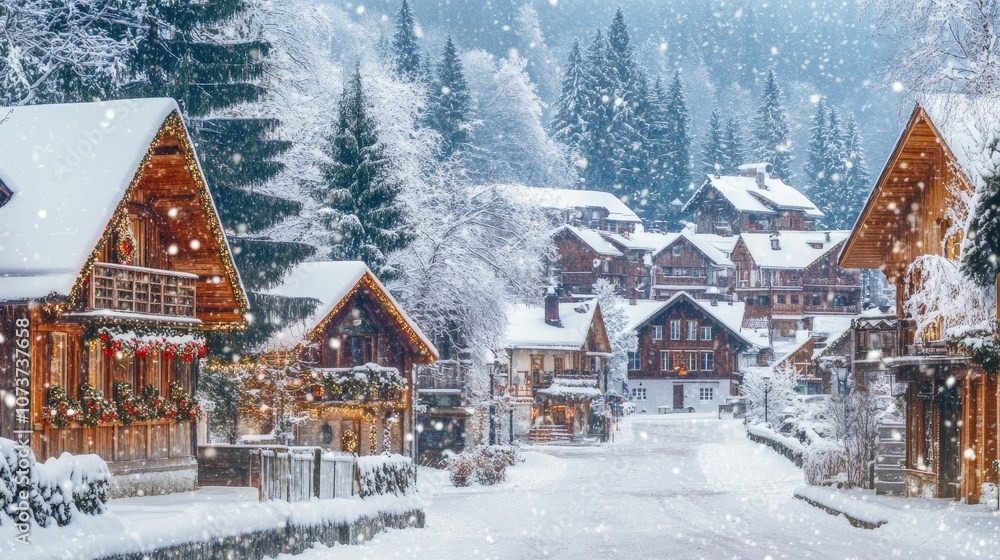 Fototapeta premium Scenic view of traditional houses adorned with Christmas decorations Snow covered rooftops enhance the festive atmosphere of the charming old town