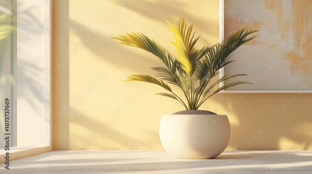 Modern interior featuring a stunning plant in a sand pot showcased in a 3D illustration Modern interior featuring a stunning plant in a sand pot showcased in a 3D illustration