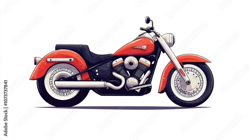 Stylish motorcycle on a white background Two wheeled transport featuring a chopper design Classic red motorbike illustration showcasing a powerful engine and modern aesthetics Stylish motorcycle on a white background Two wheeled transport featuring a chopper design Classic red motorbike illustration showcasing a powerful engine and modern aesthetics