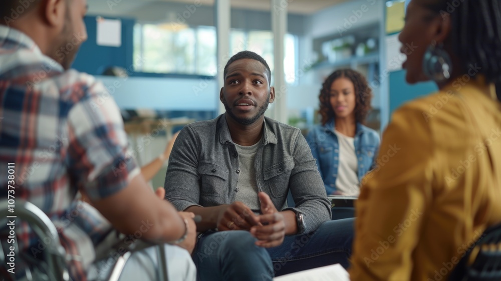 Diverse team engaged in collaborative discussion in modern office setting Diverse team engaged in collaborative discussion in modern office setting