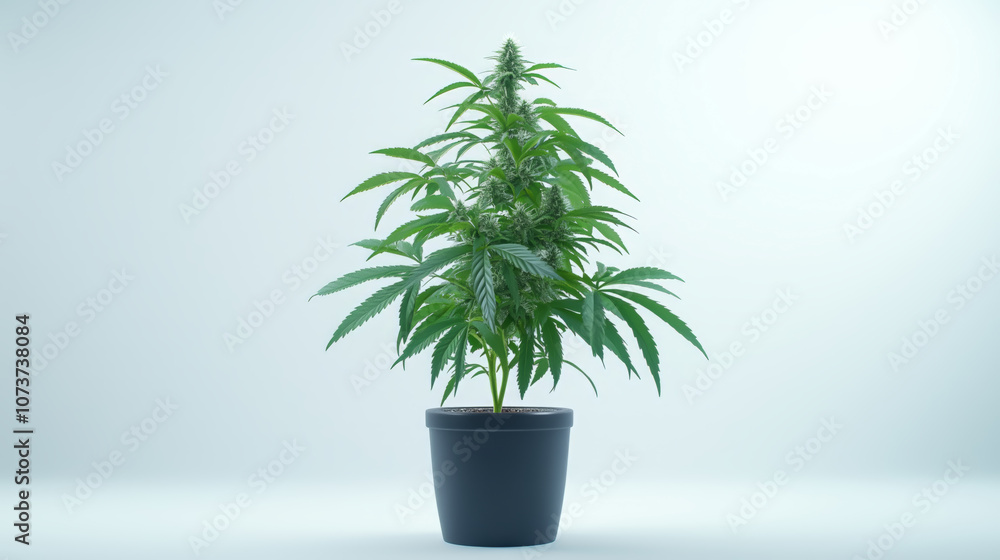 Young cannabis plant in a pot with leaves and buds.
Young cannabis plant in a pot with leaves and buds.