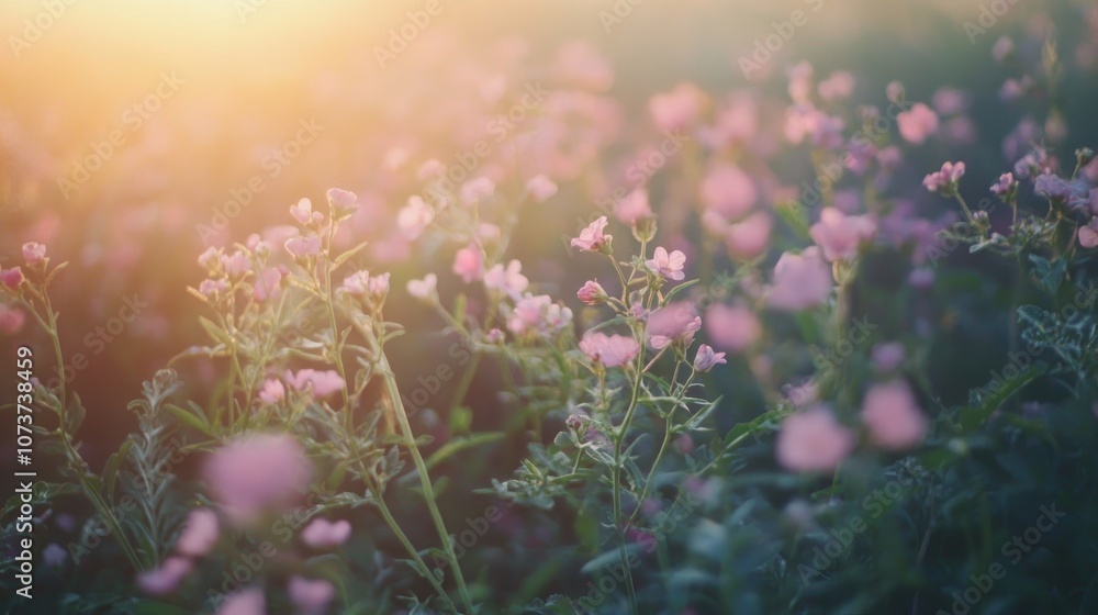 Obraz premium Set of small pink green and violet flowers on a field with a resolution of 300 dpi