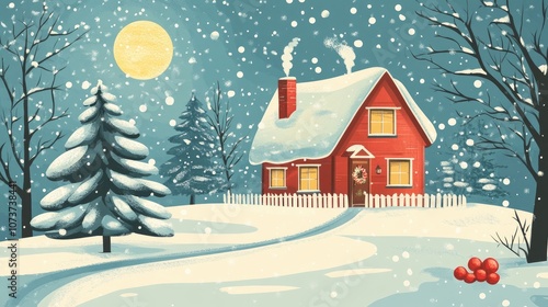 Flat raster illustration of a winter themed house for Christmas and New Year greetings