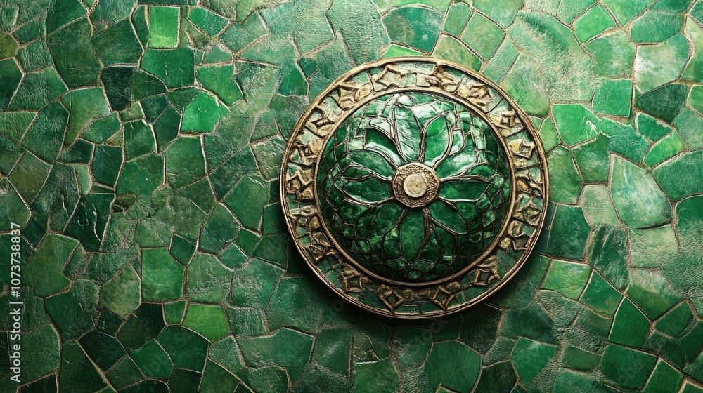 Naklejka premium Green emblem badge with a mosaic backdrop
