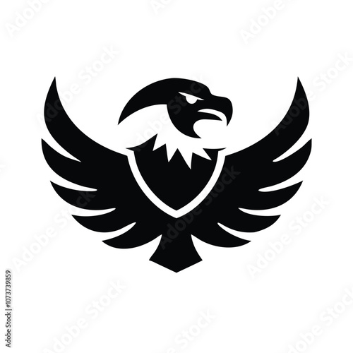 Bold black eagle emblem with spread wings, Vector illustration of a black eagle with spread wings in a bold, minimalist style. The design features a shield-like chest, ideal for logos and emblems.
