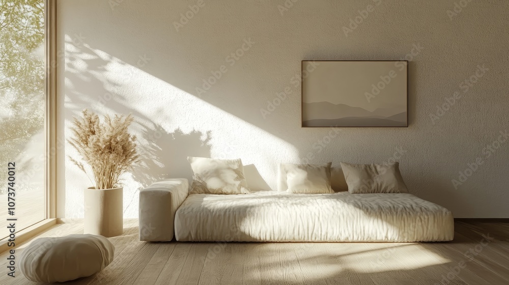 Obraz premium Beige minimalist living room featuring a sofa on wooden flooring decor on a spacious wall and a white landscape visible through the window Nordic home interior rendered in 3D
