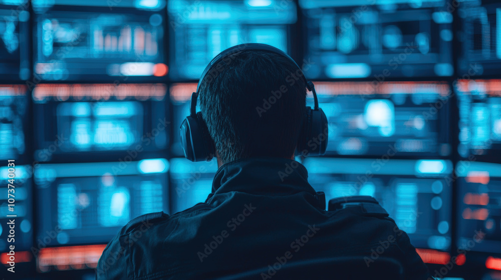 person wearing headphones sits in front of multiple screens displaying data and graphs in futuristic office environment. blue lighting creates high tech atmosphere person wearing headphones sits in front of multiple screens displaying data and graphs in futuristic office environment. blue lighting creates high tech atmosphere