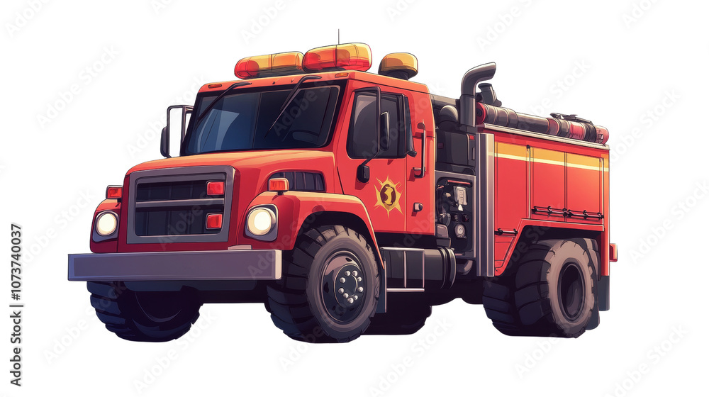 Cartoon Fire Rescue Truck, Isolated on White background