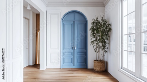 Mediterranean inspired hallway interior featuring white plaster walls a white wardrobe a large mirror and blue doors in a classic modern design 3D render