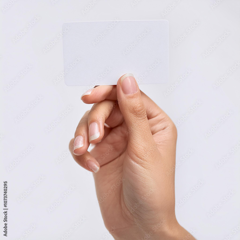 Hand holding blank card against gray background Hand holding blank card against gray background