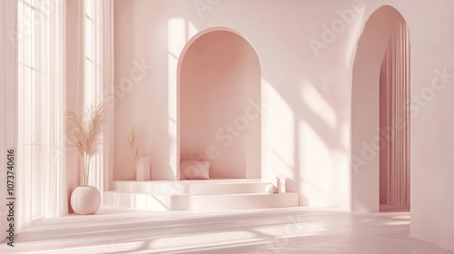 Minimalistic interior featuring soft light pink hues furnished with decor elements The light backdrop offers ample copy space ideal for web pages presentations or picture frame designs 3D rendering