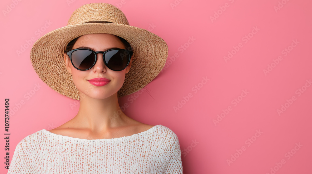 woman wearing straw hat and sunglasses, smiling against pink background. Her relaxed expression conveys sense of summer joy and style woman wearing straw hat and sunglasses, smiling against pink background. Her relaxed expression conveys sense of summer joy and style