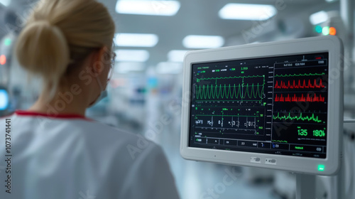 Close up of medical professional monitoring vital signs on diagnostic device in hospital setting, showcasing advanced technology and patient care