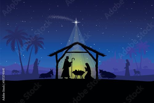 Christmas Nativity scene background. Baby Jesus born in the desert setting. Vector illustration.