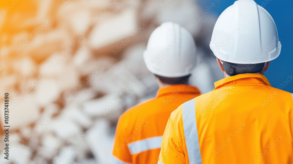 Construction workers in safety helmets observe site with debris. Their ...