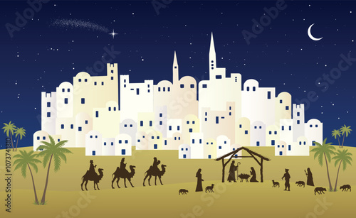 Christmas Nativity scene background. Three Wise Men arrive to the hut in the desert. Vector illustration.