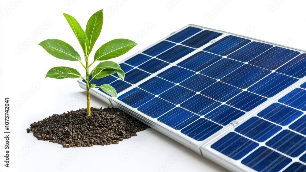 Fototapeta premium A young plant growing beside a solar panel, symbolizing renewable energy and sustainability.