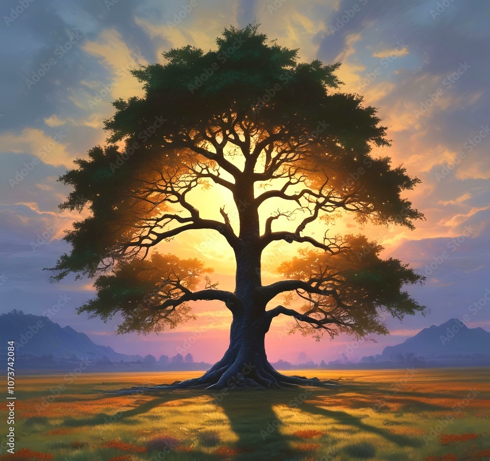 Illustration of lonely tree with sunrise behind and fogy landscape. Illustration of lonely tree with sunrise behind and fogy landscape.