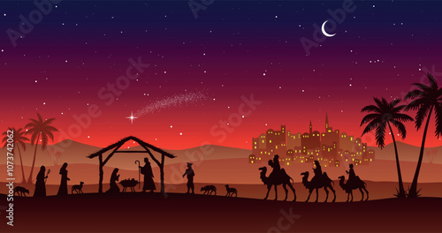 Christmas Nativity scene background. The Three Wise Men arrive at the hut. Desert setting at night. Vector illustration.