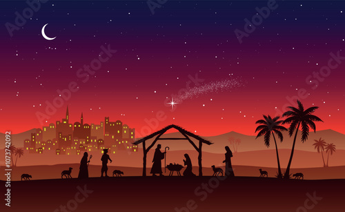 Christmas Nativity scene background. Jesus Christ infant born in the desert setting. Vector illustration.
