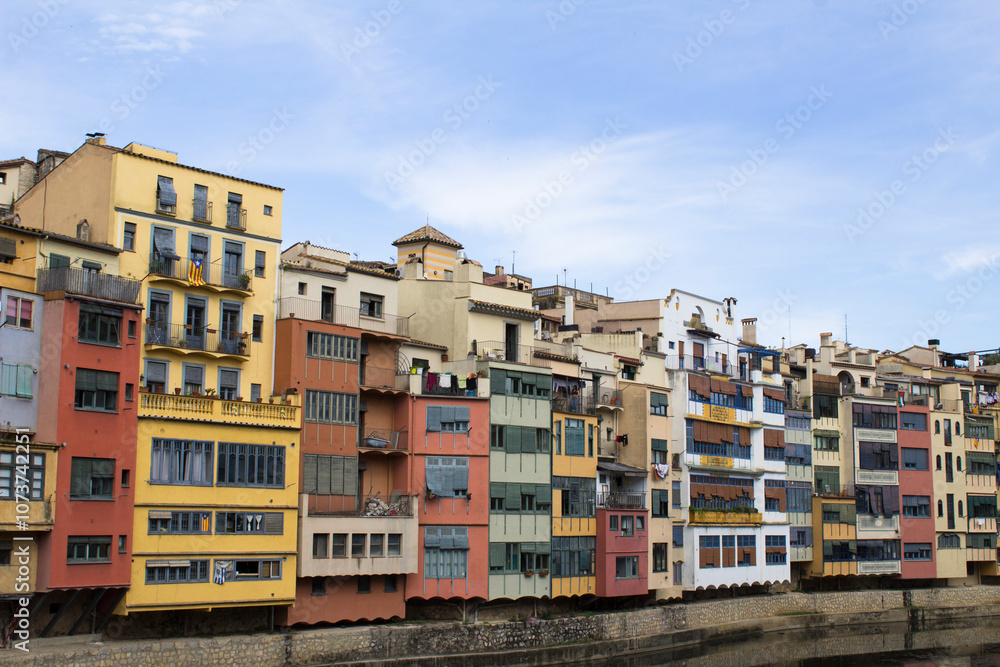 View of the houses in the old town on a day. Close-up. Gerona. Spain. View of the houses in the old town on a day. Close-up. Gerona. Spain.