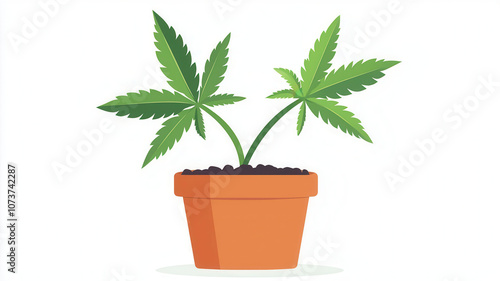 A vibrant cannabis plant growing in a modern terracotta pot with lush green leaves.