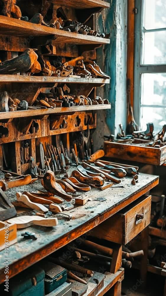 A wooden workbench in a workshop is filled with tools and unfinished projects A wooden workbench in a workshop is filled with tools and unfinished projects