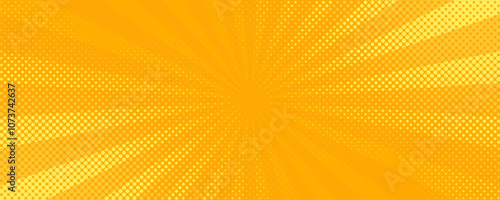Retro orange sun rays on yellow halftone dot pattern background. Dotted or noise texture. Bright pixel art comic and pop-up design. Vector wall for poster, banner, advertising.